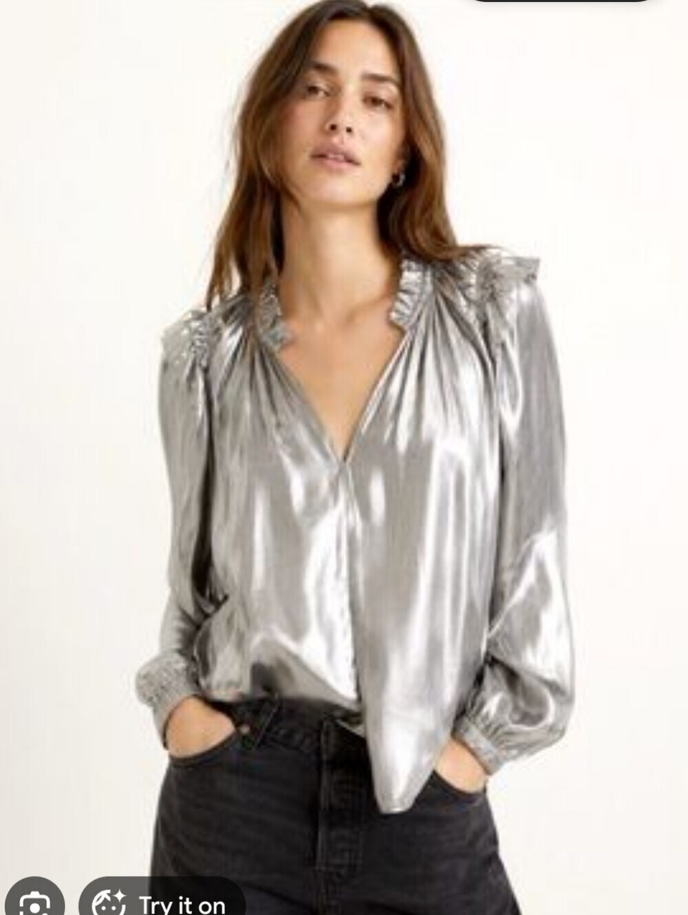 Current Air Anthropologie Silver Metallic Ruffled V-Neck Blouse_S